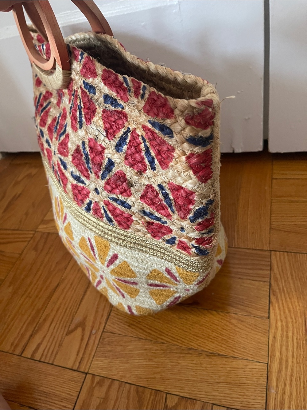 Antik Kraft Handwoven Floral Straw Raffia Jute Tote in Red, Mustard & Navy - Picture 8 of 11
